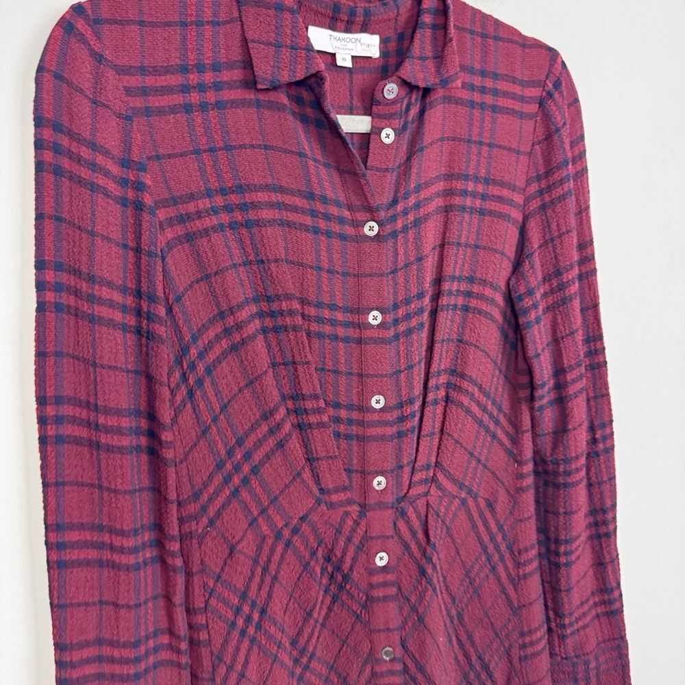 THAKOON COLLECTIVE | Plaid Burgundy & Navy Blue Crepe Shirt Dress Women’s Size 0 - Picture 7 of 14